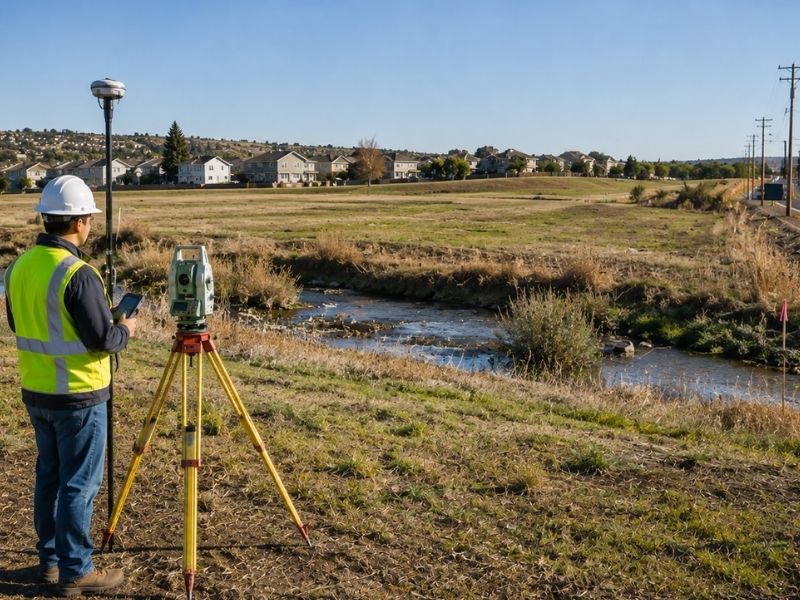 Licensed land surveyor performing a due diligence survey on a Roseville, California property near a creek and roadway before a potential rezoning decision, documenting site boundaries and existing conditions